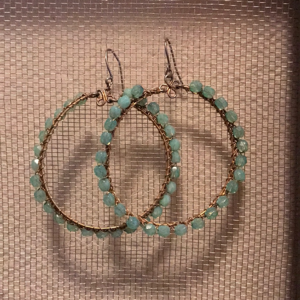 Blue beaded hoop earrings